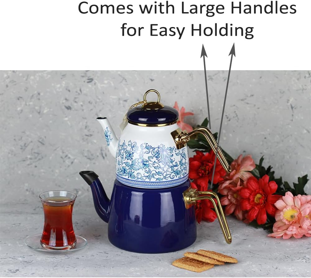 Vintage Turkish Teapot Tea Pots Kettle Set for Stovetop Stove Top Decorative Infuser Party Cups Glasses Floral Unique Boiler Samovar Strainer Loose Leaf Kitchen Style Enamel Decor (White-Blue)