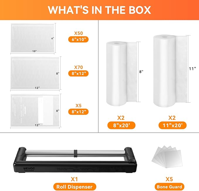 Wevac Family Pack Vacuum Sealer Bags Rolls with Dispenser – 6"x10" (50pcs), 8"x12" (70pcs), 8"x20' & 11"x20' Rolls, Heavy Duty, Leakproof, Ideal for Sous Vide, Meal Prep, Food Saver