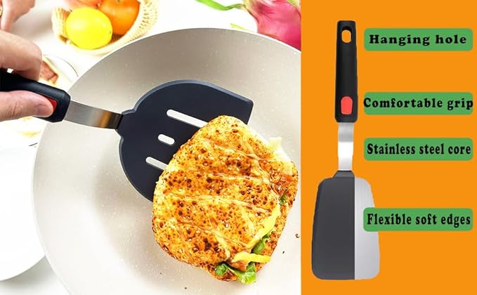 Tenta tenta kitchen Silicone Turner Pancake Slotted Spatula for Cooking - Nonstick Cookware Safe 600°F Flexible & Thin Cooking Flipper for Eggs - Reinforced Stainless Steel Core - BPA Free