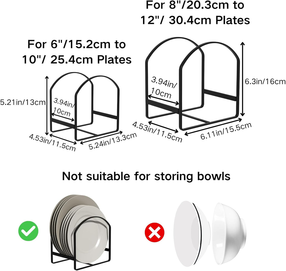 LINFIDITE 2 Pack Kitchen Plate Holder Organizer for Cabinet Space Saver Dinner Plate Storage Rack Upright Dish Drying Racks Metal Dish Stand for Cupboard Countertop Rustproof Black (1 Large 1 Small)
