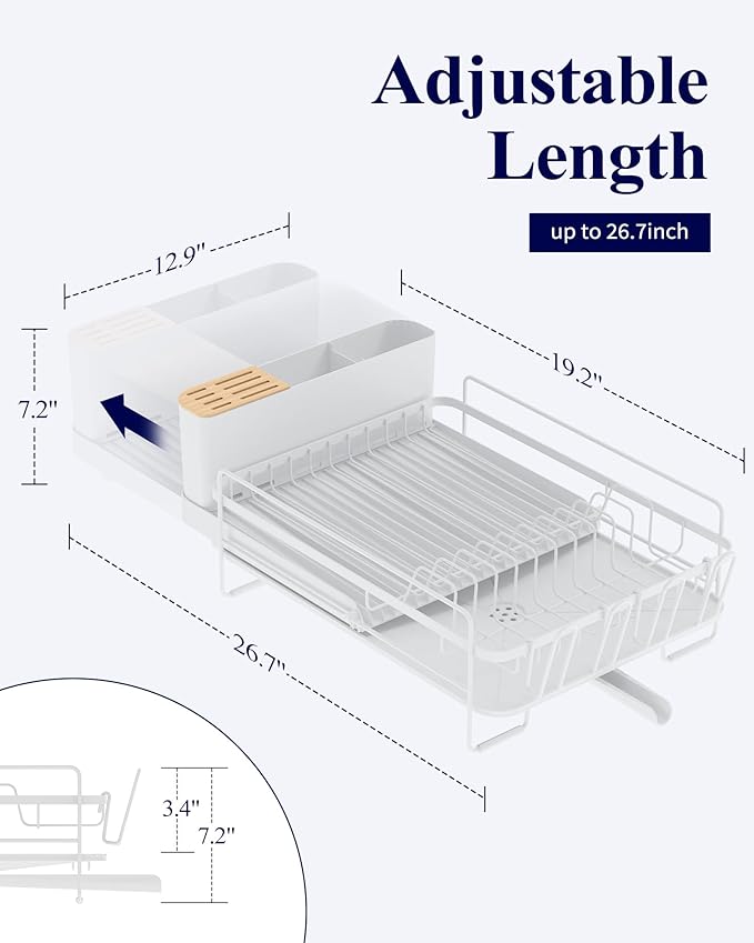 Kitsure Large Dish Drying Rack - Extendable Dish Rack, Multifunctional Dish Rack for Kitchen Counter, Anti-Rust Dish Drainers with Cutlery & Cup Holders 19.2"-26.7" L x 12.9" W, White
