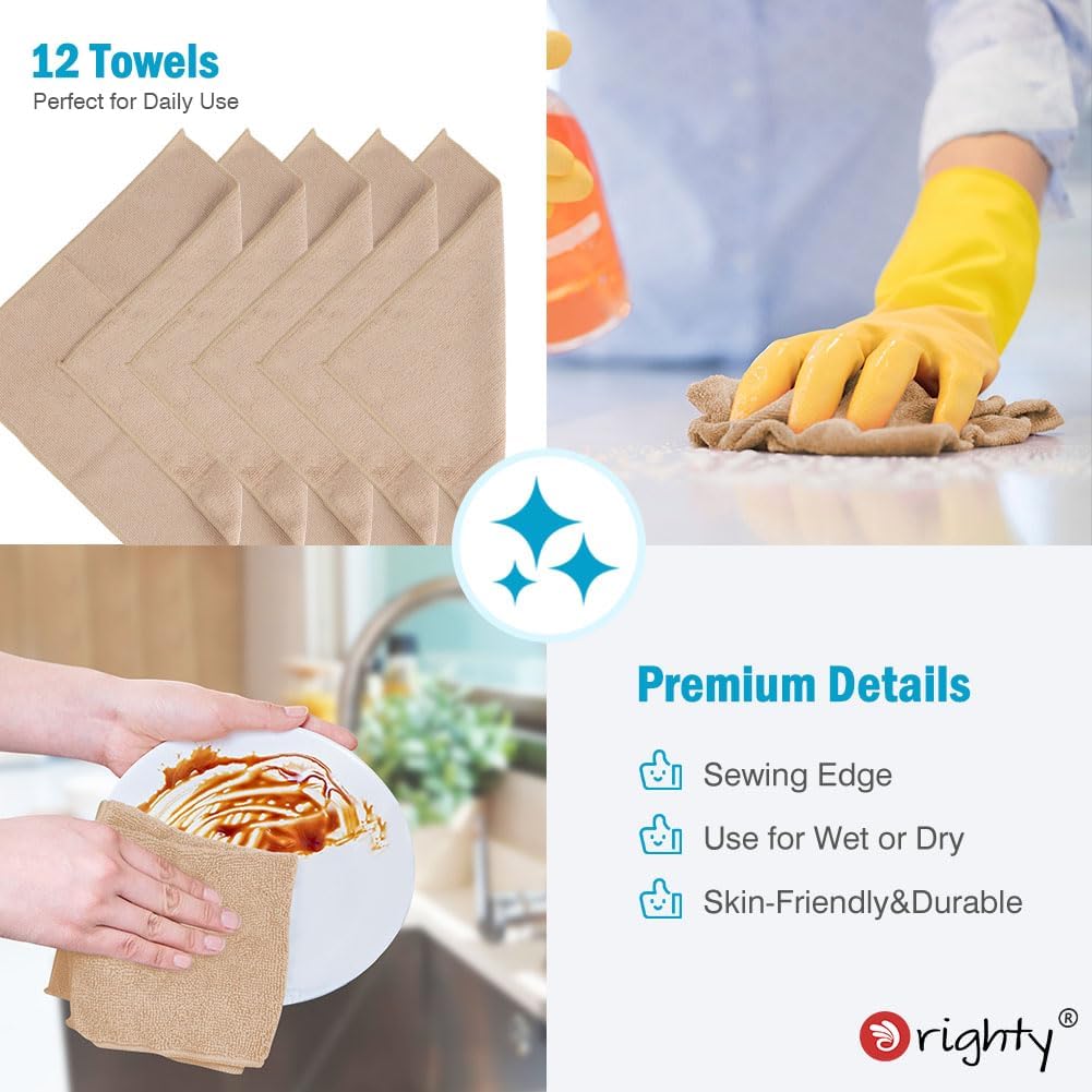 Orighty Microfiber Cleaning Cloth, 12 Pack Highly Absorbent Cleaning Supplies, Lint Free Cloths for Multiple-use, Powerful Dust Removal Clean Rags for House, Kitchen, Car Care(12x12 inch) Brown