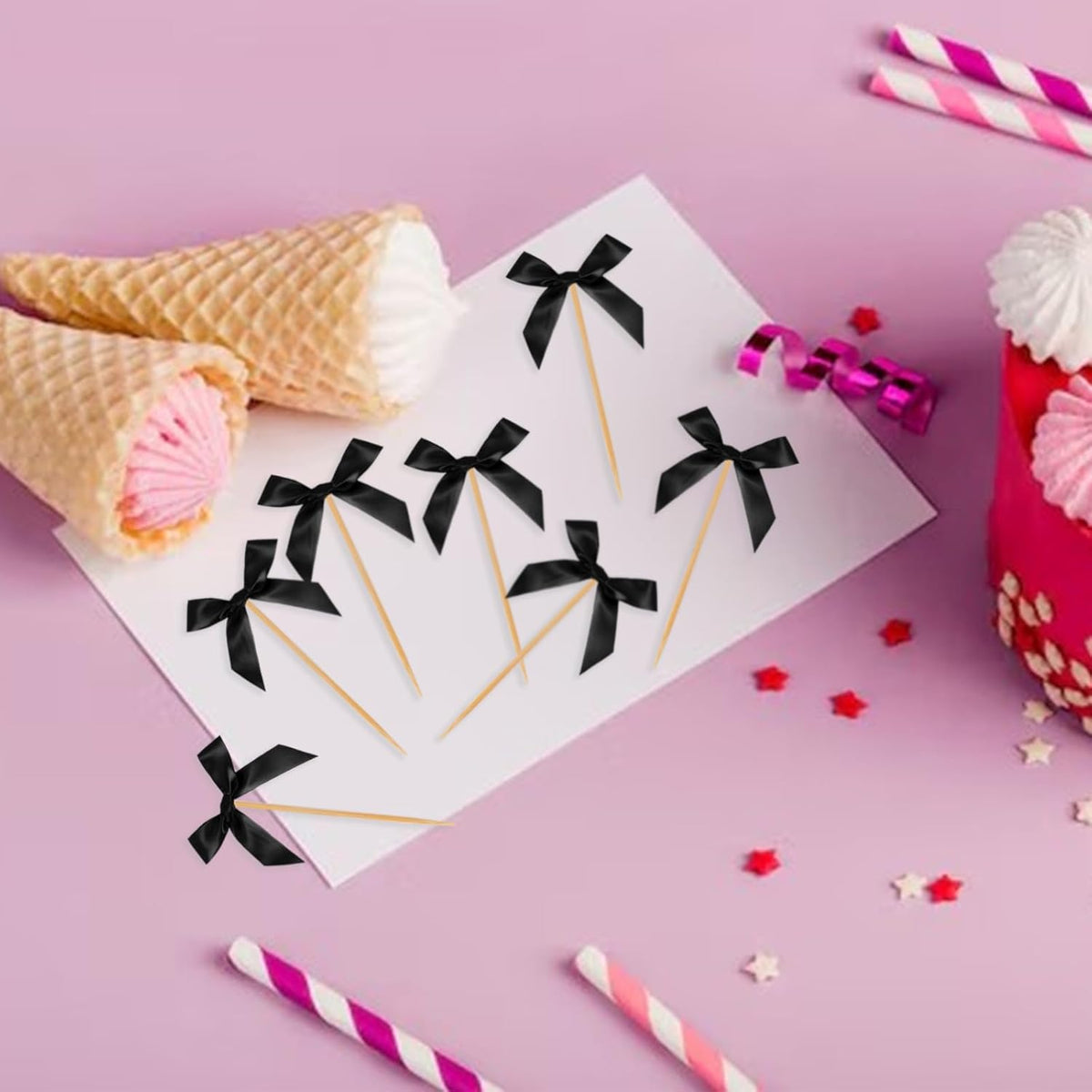 Black Bow Cupcake Toppers, 40 Pcs Bow Cake Topper Birthday Decorations Bowknot Cupcake Picks for Coquette Theme Party Decoration Bachelorette Bridal Engagement Wedding Baby Shower Party Decor