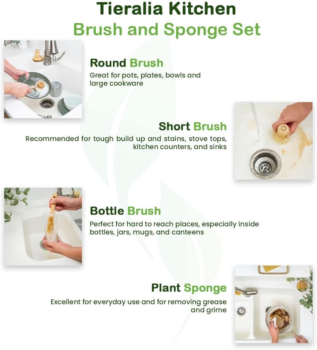Tieralia Bamboo Dish Brush Gift Set – 5-Piece Kitchen Cleaning Bundle with Bottle Brush, Palm Brush, Scrub Brush & Sponge Pads | Elegant Wood Handles, Scratch-Safe Bristles, Giftable Packaging