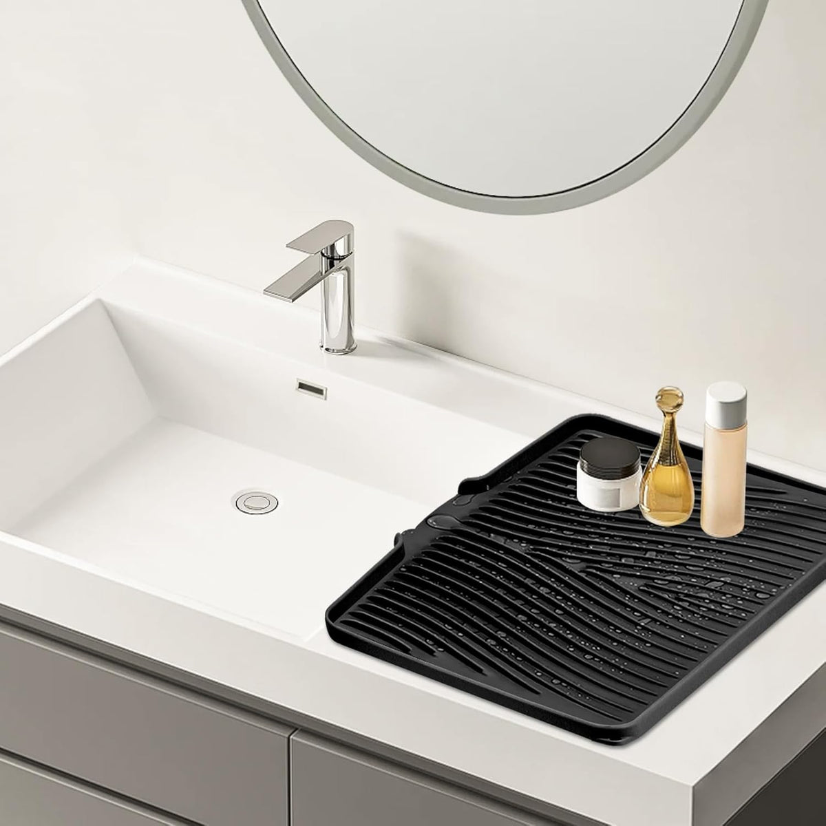 Silicone Dish Drying Mat, Stone Drying Mat for Kitchen Counter with Built-In Drain, Non-Slip Drain Pad with Built-in Drain, Heat Resistant Stone Drying Mat, 1Pcs 19.7" x 17", Black