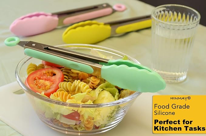 Stainless Steel Kitchen Cooking Tongs with Silicone Tips 9-Inch Serving Tongs, Set of 3 (Mint Pink Yellow)