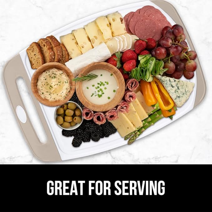 GORILLA GRIP BPA-Free Reversible Kitchen Cutting Board Set of 3, US Designed, Nonporous, Juice Grooves Catch Liquid, Slip Resistant Border, Dishwasher Safe, Durable Large Food Chopping Boards, Almond