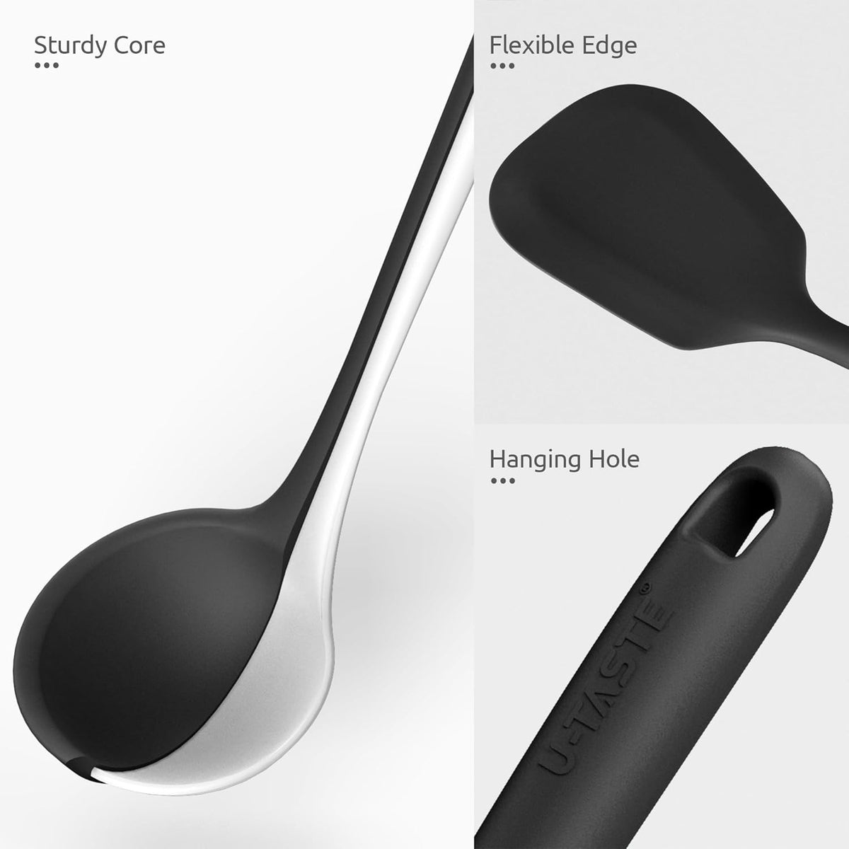 Silicone Kitchen Cooking Utensil Set: U-Taste High Heat Resistant 13.6in Long Kitchen Gadgets, BPA Free Non Stick Rubber Cook Accessories For Stir Frying, Serving, Basting, Mixing (5 Pieces, Black)
