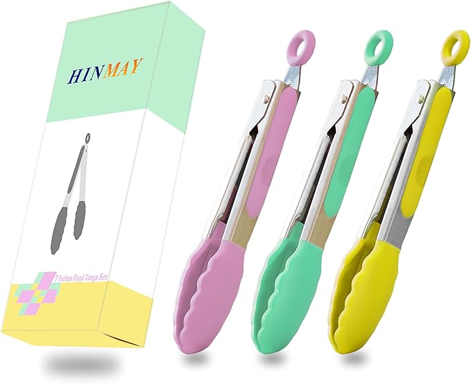 Small Tongs with Silicone Tips 7-Inch Serving Tongs, Set of 3 (Pink Mint Yellow)