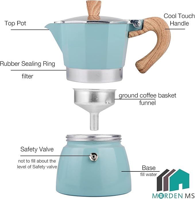 MORDEN MS Moka Pot - Stovetop Espresso Maker 3 Cup/5 OZ Italian Coffee Maker Camping Coffee Pot Manual Cuban Coffee Percolator for Cappuccino or Latte- Blue