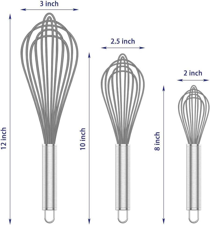 Grey Silicone Whisk, Professional Whisks For Cooking Non-Scratch, Stainless Steel & Silicone Wisk, Plastic Rubber Whisk Tool For Nonstick Cookware Pans, Silicon Wisks Set of 3