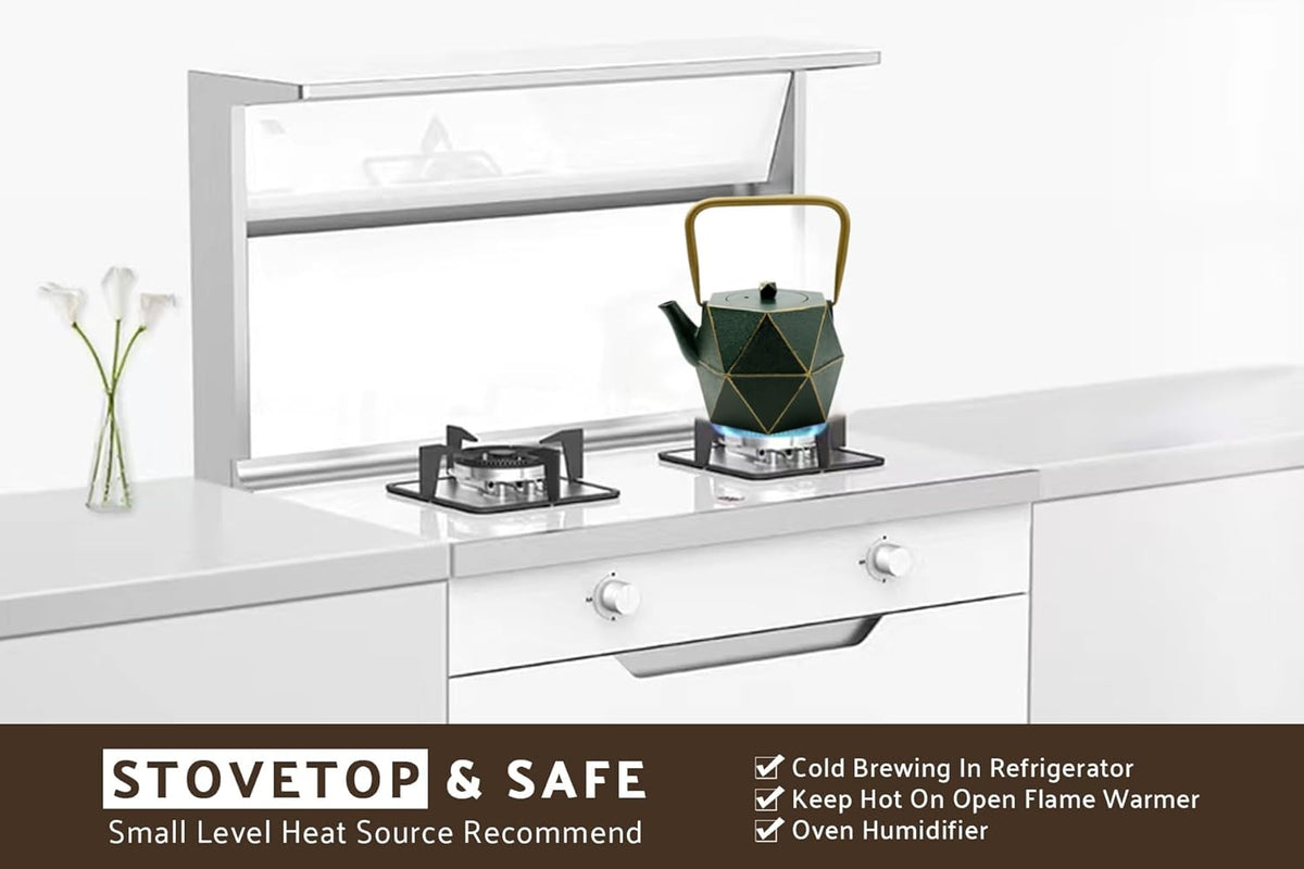 Toptier Cast Iron Teapot, Stovetop Safe Japanese Cast Iron Tea Kettle, Diamond Design Tea Pot with Removable Infuser for Loose Tea, 40 Ounce (1200 ml), Dark Green