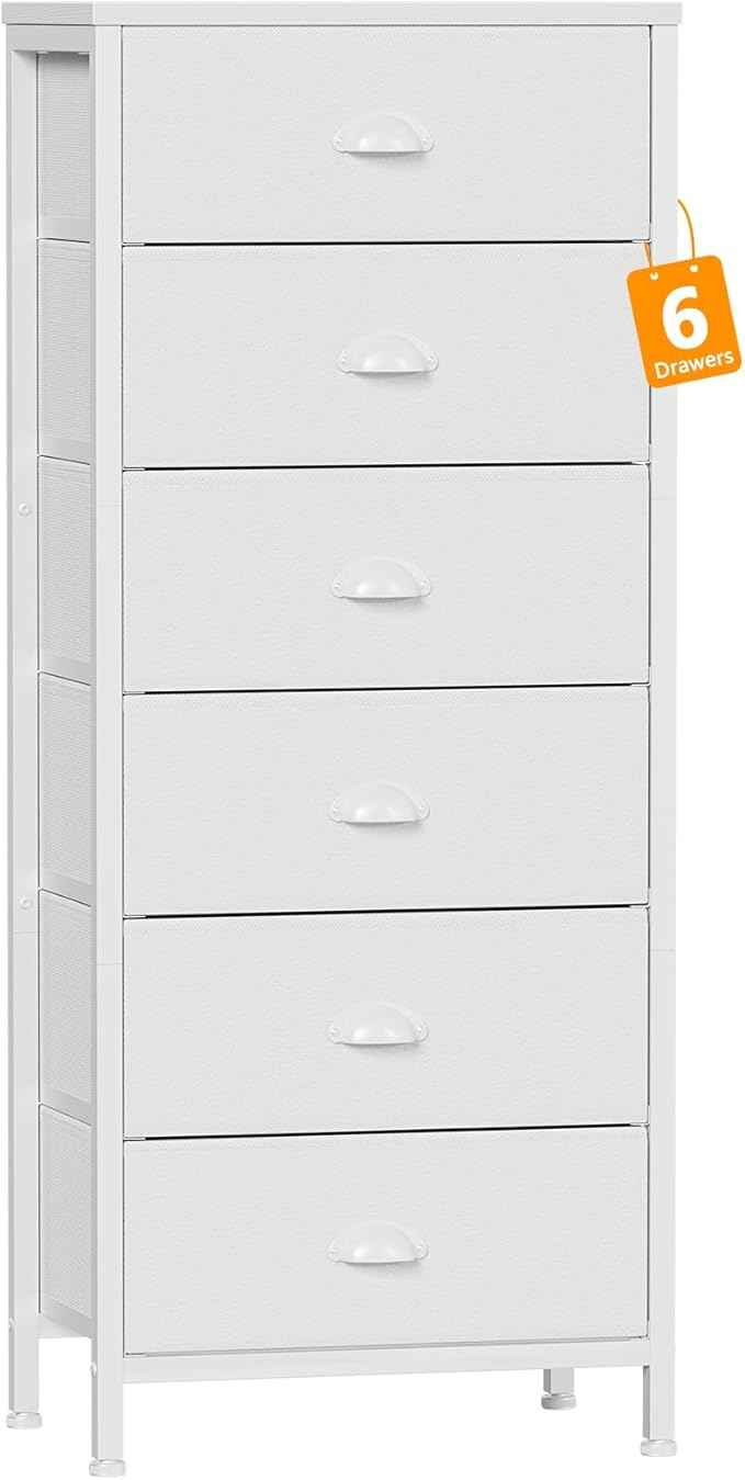 Furnulem White Tall Dresser for Bedroom,Vertical Storage Tower Unit and End Table with 6 Fabric Drawers, Nightstand Furniture with Drawer Organizer in Living Room,Closet,Entryway,Hallyway