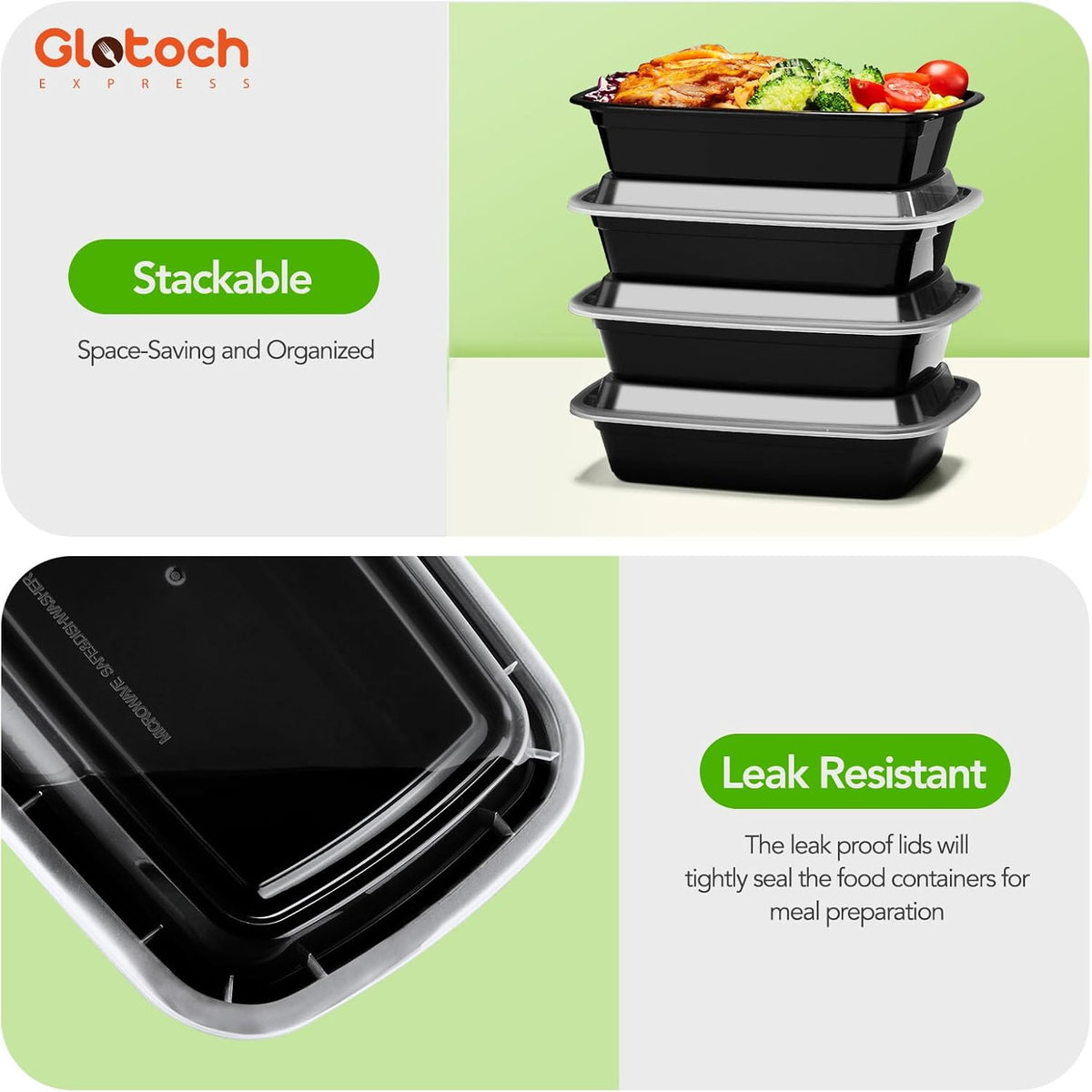 Glotoch Meal Prep Containers Reusable with Lids, 24oz 10 Pack (20-Piece) Food Storage Containers Microwave,Freezer,Dishwasher Safe, Leakproof & BPA Free Durable Plastic Bento Box To Go Take Out