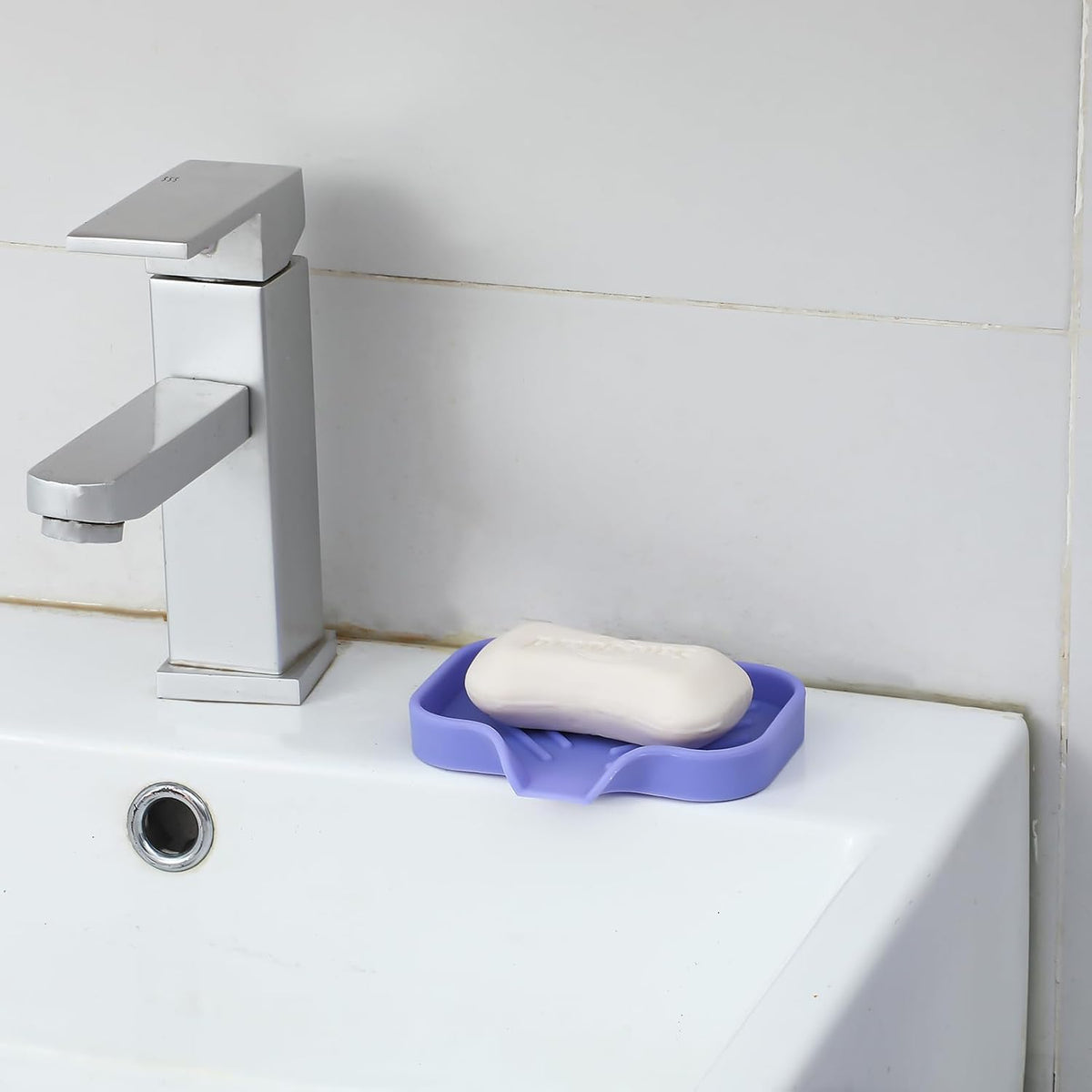 Silicone Bathroom Soap Dishes with Drain Spout-Bathroom and Kitchen Sink Organizer,Sponge Holder,Dish Soap Tray,Perfect for Dispenser,Scrubber,Bottle on Sink or Counter-Light Purple 4.9"×3.2"