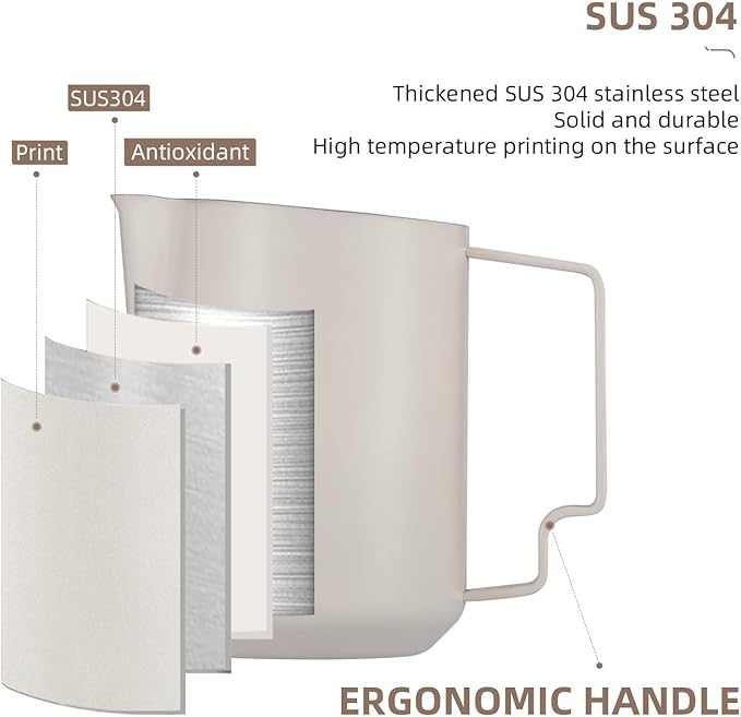 MHW-3BOMBER Milk Frothing Pitcher 12oz/350ml Milk Frother Cup Espresso Steaming Pitcher Stainless Steel Milk Frother Cup Barista Latte Art Round Spout Milk Jug White P6013W-OS