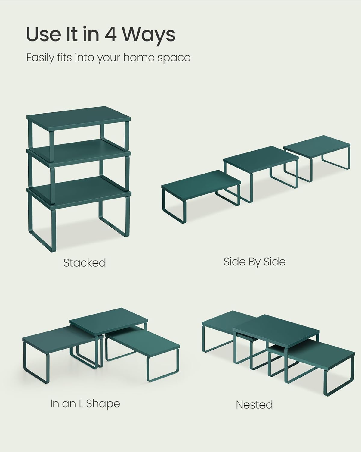 SONGMICS Cabinet Organizer Shelf, Set of 3 Kitchen Counter Shelves, Kitchen Storage, Spice Rack, Stackable, Expandable, Cascade Green UKCS220C01V1
