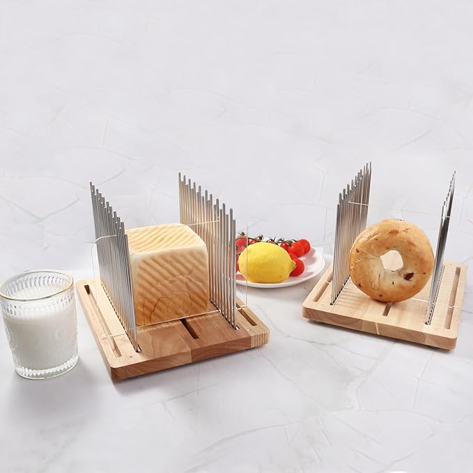 Bread Slicer, Stainless Steel Bread Slicer for Homemade Bread,Adjustable Bread Slicing Guide, Foldable and Compact Cutting Guide, Durable and Stable Wooden Structure for Bread Loaf Slicer