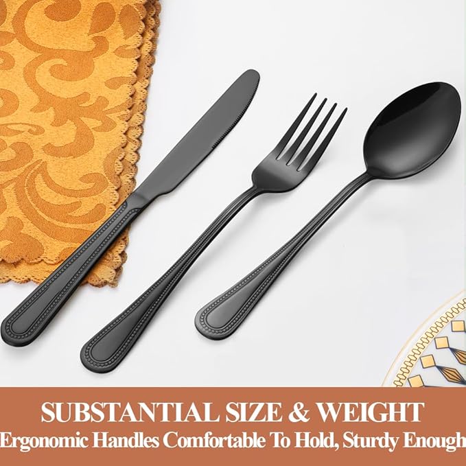 40 Pcs Black Silverware Set for 8 with Pearled Edge Handle design, Food Grade Stainless Steel Flatware Set, Eating Utensils Sets Include Fork/Knife/Spoon, Reusable Cutlery Set, Dishwasher Safe