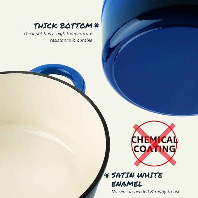 Overmont Enameled Cast Iron Dutch Oven - 7QT Pot with Lid Cookbook & Cotton Potholders - Heavy-Duty Cookware for Braising, Stews, Roasting, Bread Baking blue