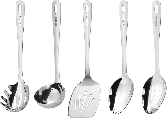 Stainless Steel Cooking Utensils Set, 5PCS Kitchen Utensils Set, Durable Kitchen Gadgets, Ladle, Slotted Turner, Slotted Serving Spoon, Solid Serving Spoon, Pasta Fork