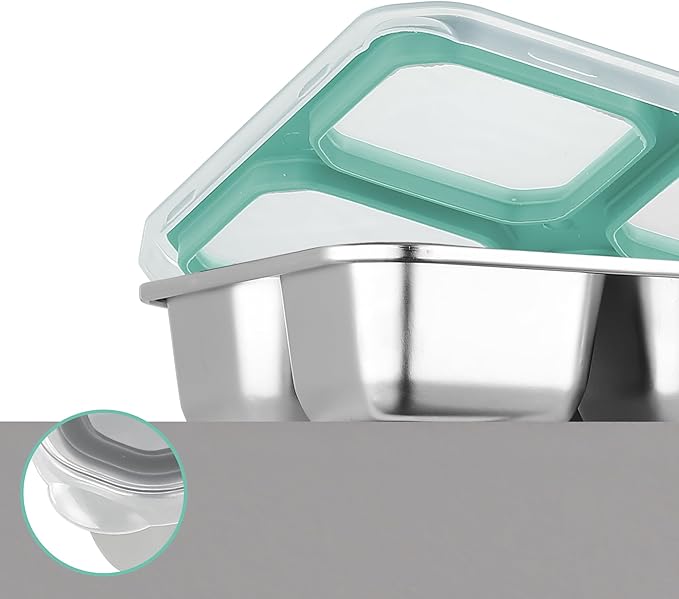 BEFOY 2 Pack Stainless Steel Snack Containers with Lids 4 Compartment Food Storage Containers for Adults Meal Prep Reusable for work or going out(blue, 2)