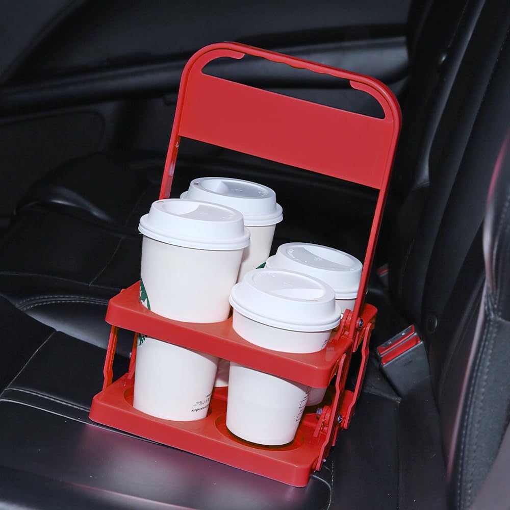 Bodaon 4 Cup Drink Carrier with Handle, Plastic Cup Carriers for Drinks, Drink Holder for Car, GrubHub/Eats Doordash Accessories, Portable Foldable Reusable Mobile, Use for Food Delivery Bag, Red