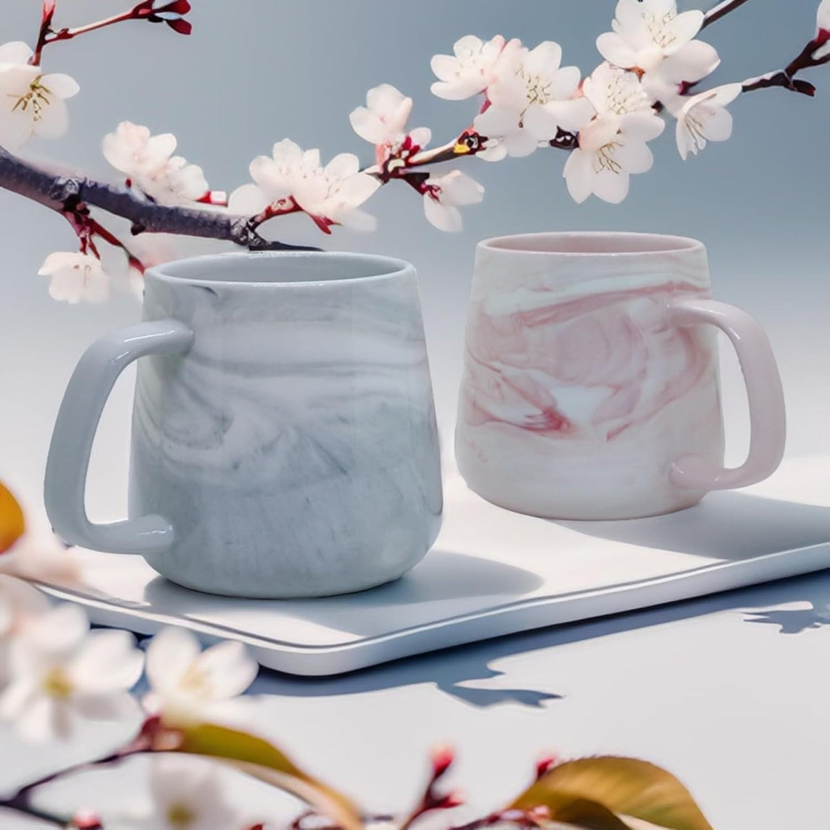 Ceramic Coffee Mug Set of 2, Gray and Pink Marble Pattern Procelain Couple Mugs, Stoneware Matching Cups, Dishwasher Safe, Microwave Safe, 13 oz