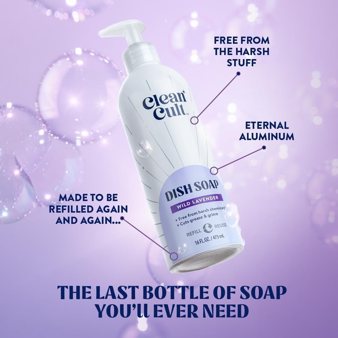 Bundle of Cleancult Dish Soap Liquid Refills (32oz, 1 Pack) Wild Lavender + Cleancult -Wild Lavender - Liquid Dish Soap - Refillable Aluminum Bottle - 16 oz