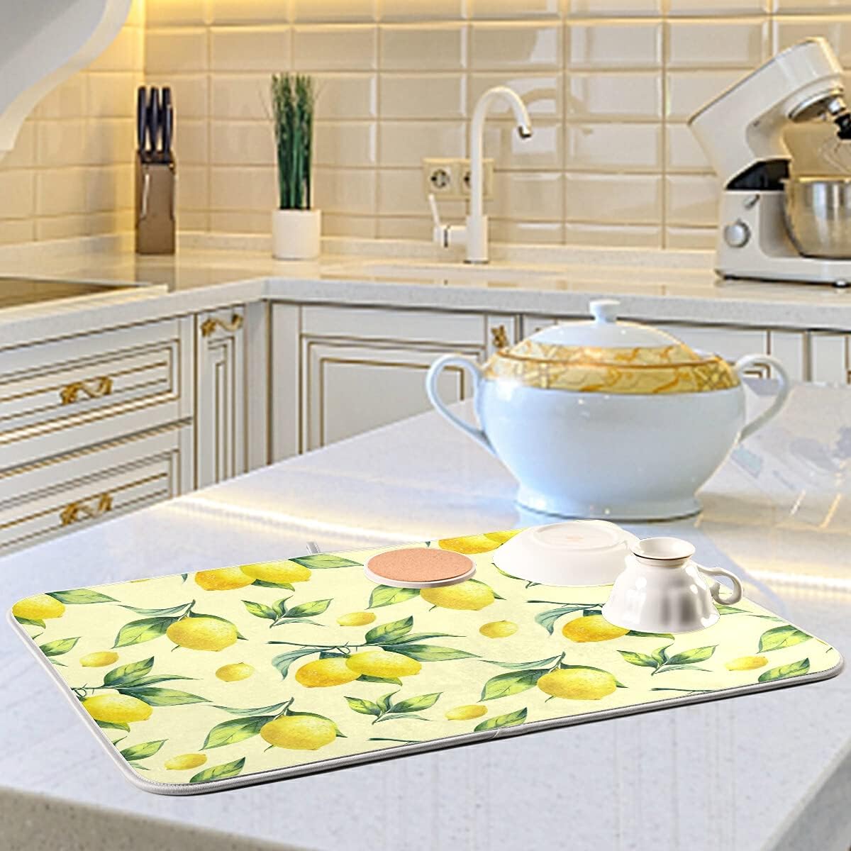 Super Absorbent Dish Drying Mat, Microfiber Fast-Drying Dish Mat, 24" x 18", Kitchen Dish Drying Pad, Vintage Yellow Lemon With Leaves