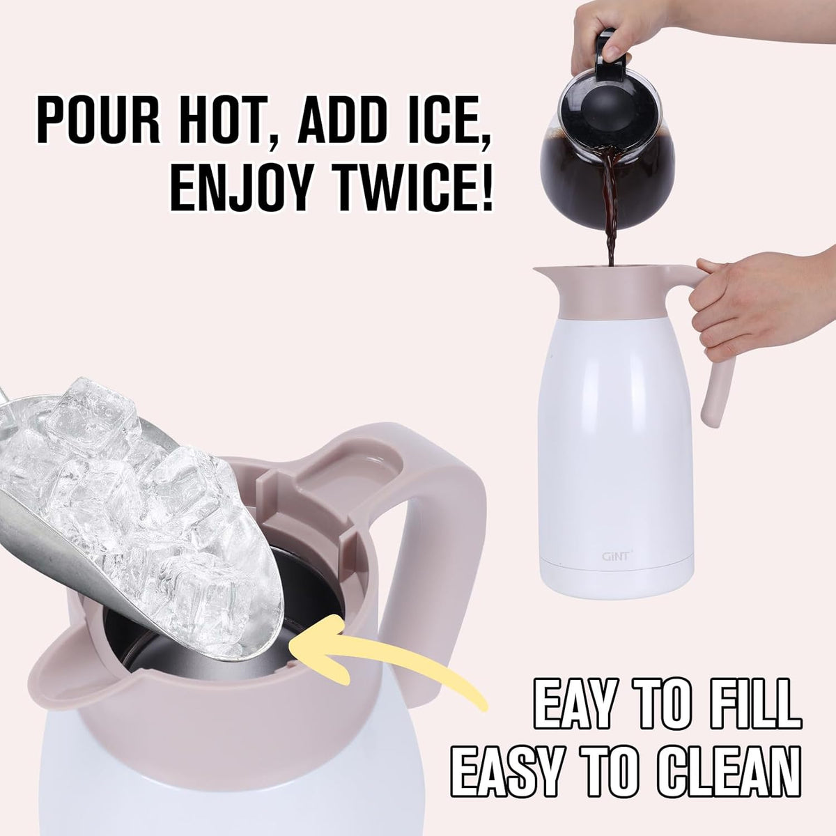 GiNT 1.9L / 64Oz Thermal Coffee Carafe, Insulated Stainless Steel Coffee Carafes for Keeping Hot/Double Walled Vacuum Thermal Carafe (White)