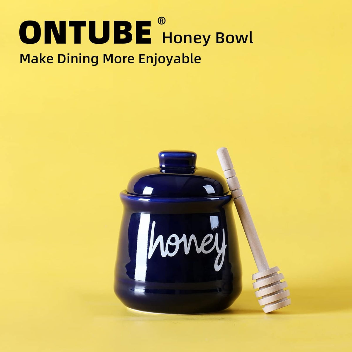 Honey Jar with Dipper and Lid, Ceramic Honey Pot 12oz (Navy)