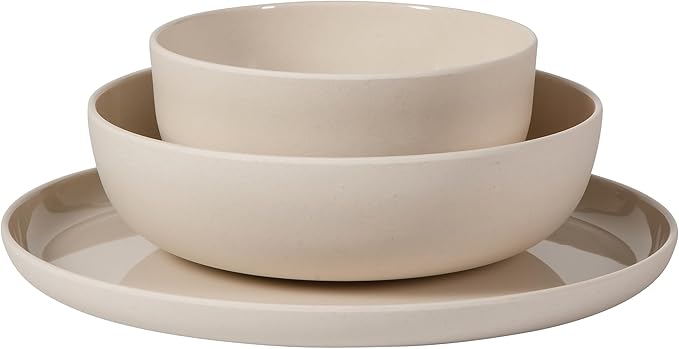 Gibson Home Candy Skies 12 Piece Unbreakable Wheat Straw Melamine Plates and Bowls Dinnerware Set - Outdoor, Camping, & Everyday Use - Matte Exterior/Shiny Interior Taupe Cream