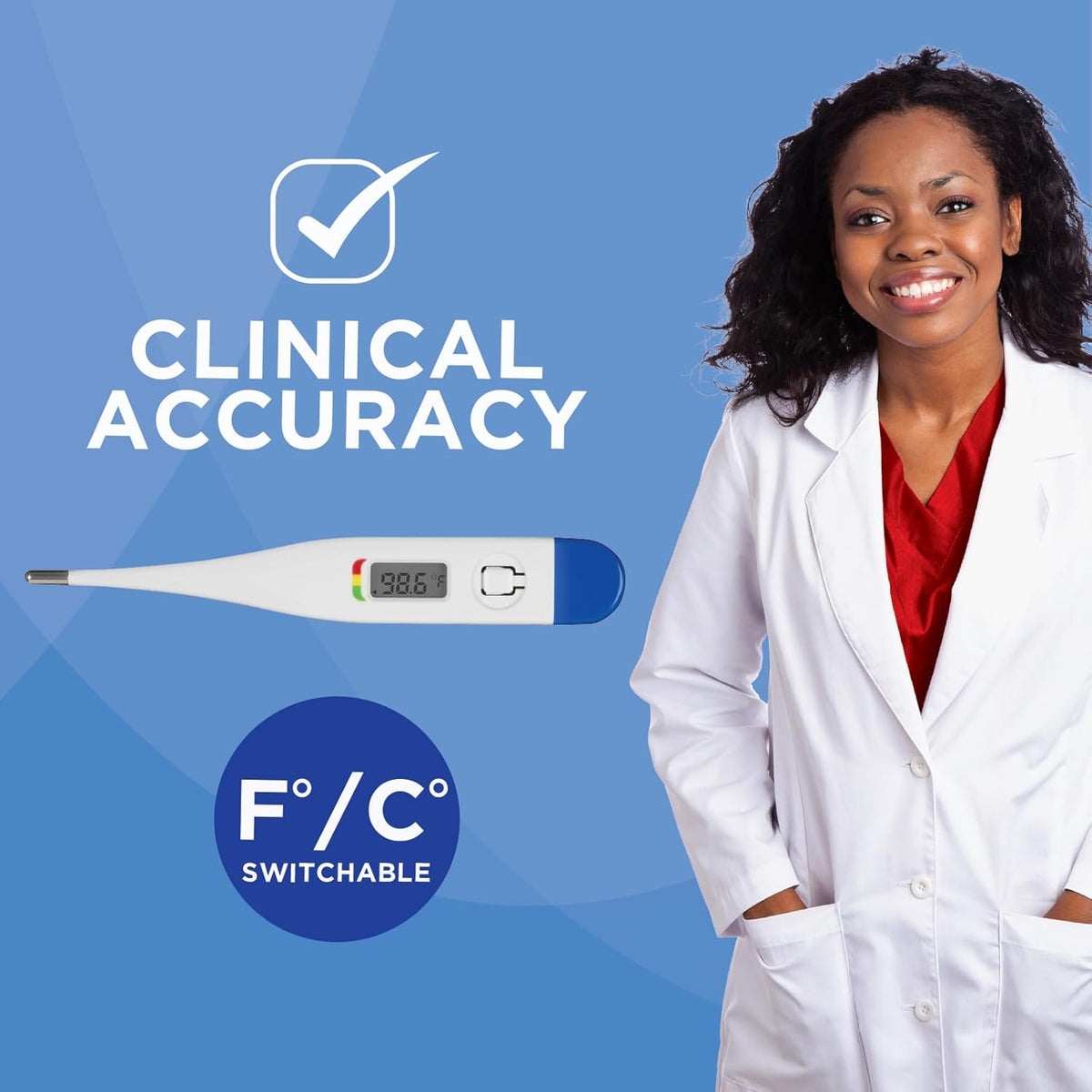 Healthwise Digital Thermometer | 30-Second Readout | Feverline Indicator | Clinical Rigid Tip | Hygienic Water-Resistant Easy Cleaning | Storage Case + Probe Covers Included