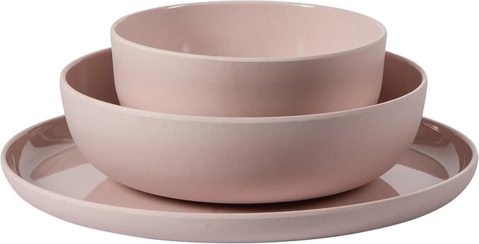 Gibson Home Candy Skies 12 Piece Unbreakable Wheat Straw Melamine Plates and Bowls Dinnerware Set - Outdoor, Camping, & Everyday Use - Matte Exterior/Shiny Interior Pink