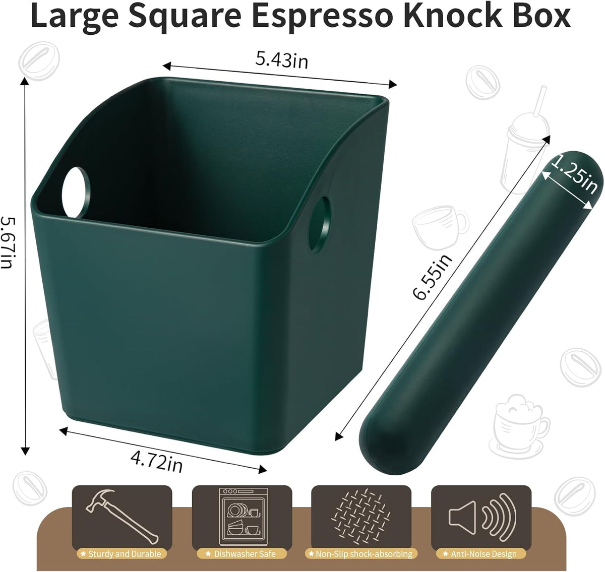 Large Square Knock Box Shock-absorbent Knock Box Espresso with Removable Knock Bar and Non-Slip Base Espresso Accessories for Home/Office (Large Green Knock Box)