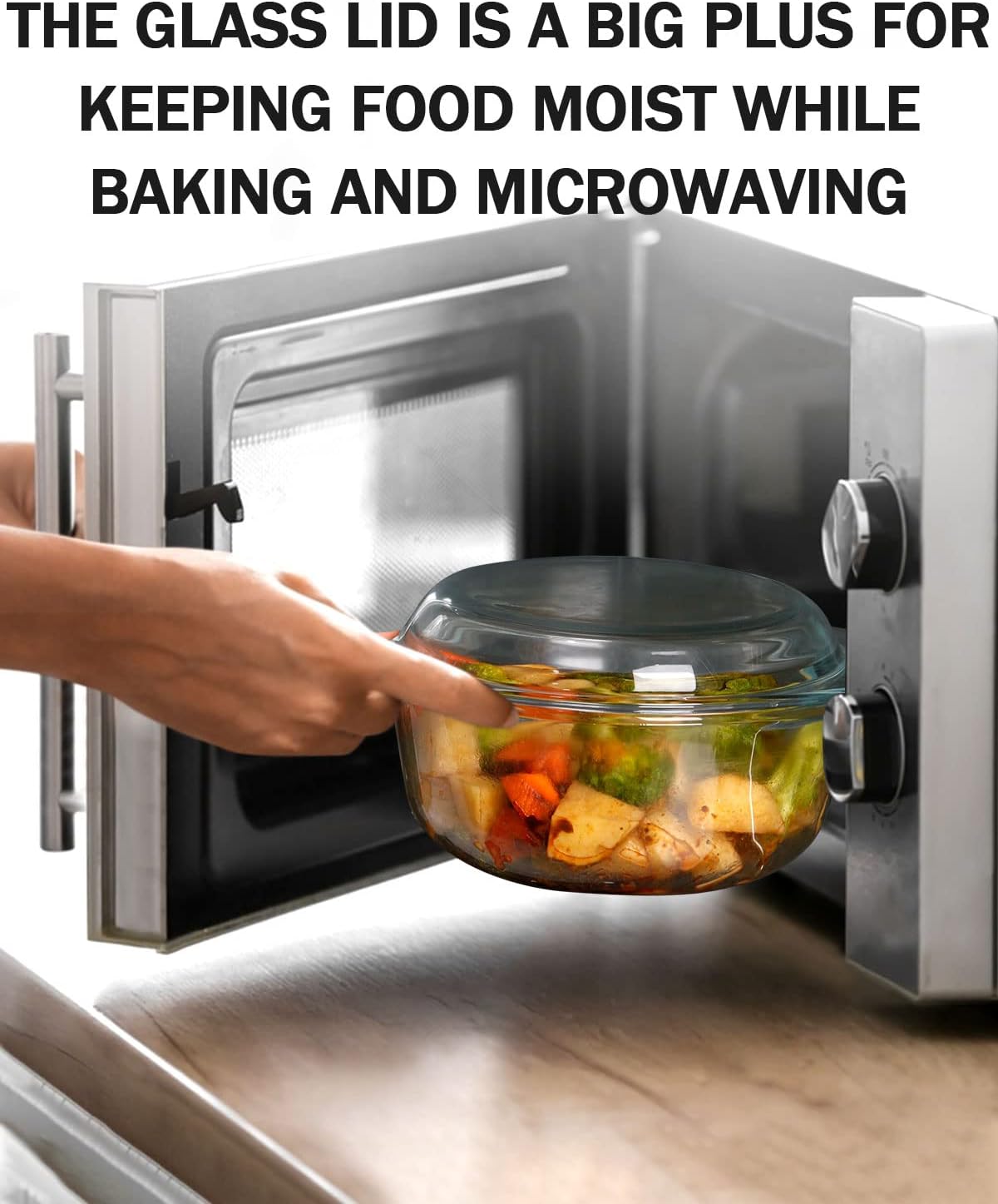 Clear Round Glass Casserole Dish With Lid Non-Plastic Lidded Casseroles Easy Grab Glass Cooking Bowls with Glass Lid, Microwave, Oven, Freezer, and Dishwasher Safe (1.5L)
