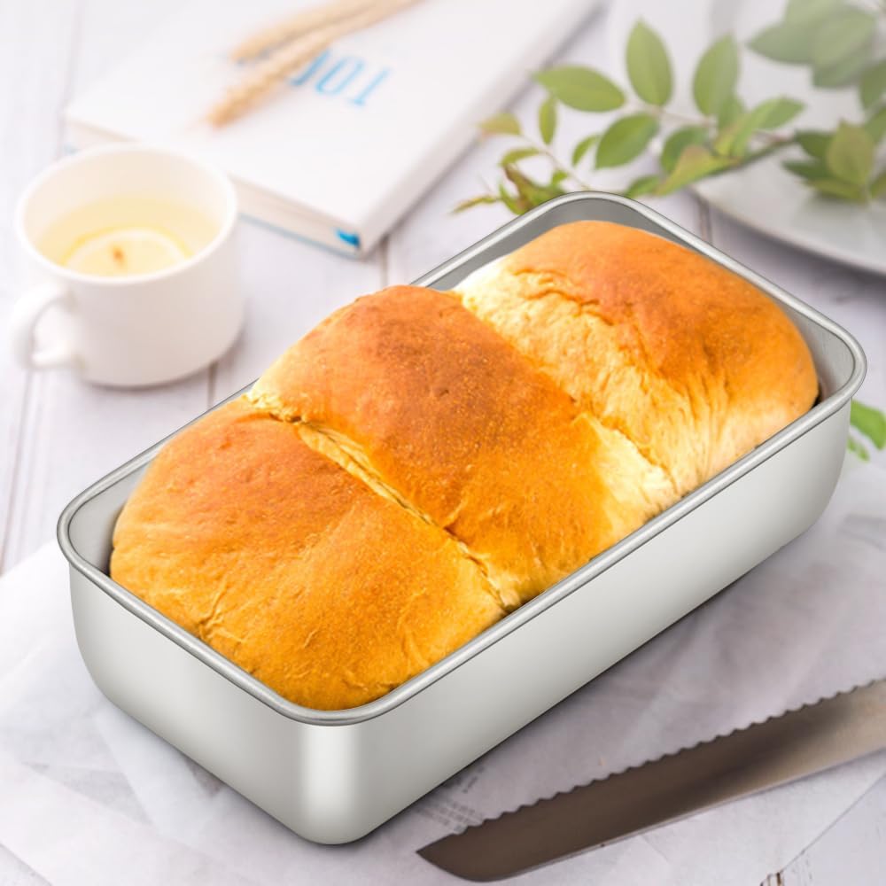 E-far Loaf Pan for Baking Bread, 9 x 5 Inch Stainless Steel Baking Loaf Pan, Metal Bakeware for Bread Meatloaf Cake Brownies, Healthy & Non Toxic, Brushed Finish & Easy Release, Oven & Dishwasher Safe