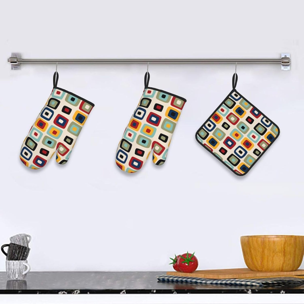 Mid Century Modern Retro Oven Mitts and Pot Holders Sets of 3 Heat Resistant Non Slip Vintage Decorative BBQ Gloves for Cooking Grilling Baking Kitchen Decor