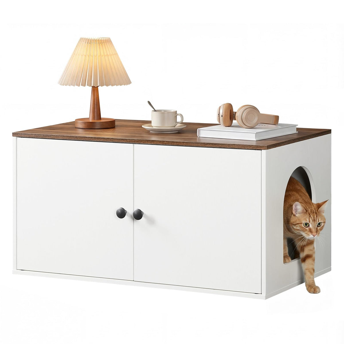 HOOBRO Cat Litter Box Enclosure, Hidden Litter Box Furniture with Side Entry, Litter Box Cabinet, Indoor Cat House, End Side Table, 31.5" L x 17.7" W x 16.3H, for Bathroom, White and Walnut WH40MW01