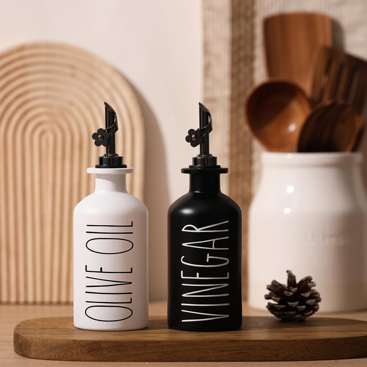 HOMCDALY Premium Olive Oil Dispenser for Kitchen, 11.8oz Glass Oil Bottles with Bamboo Tray, Oil&Vinegar Cruet Set, Kitchen Dispenser Bottles with Pourer | Set of 2 (11.8oz –P–Black&White)