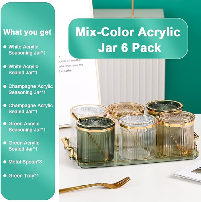 Acrylic Condiment Spice Jars,Condiment Spice Box With Lids and Spoons and Tray,Clear Plastic Condiment Canisters,Seasoning Box 6 Pack,Seasoning Box Set for Kitchen to Storage Salt,Paprika,Sugar