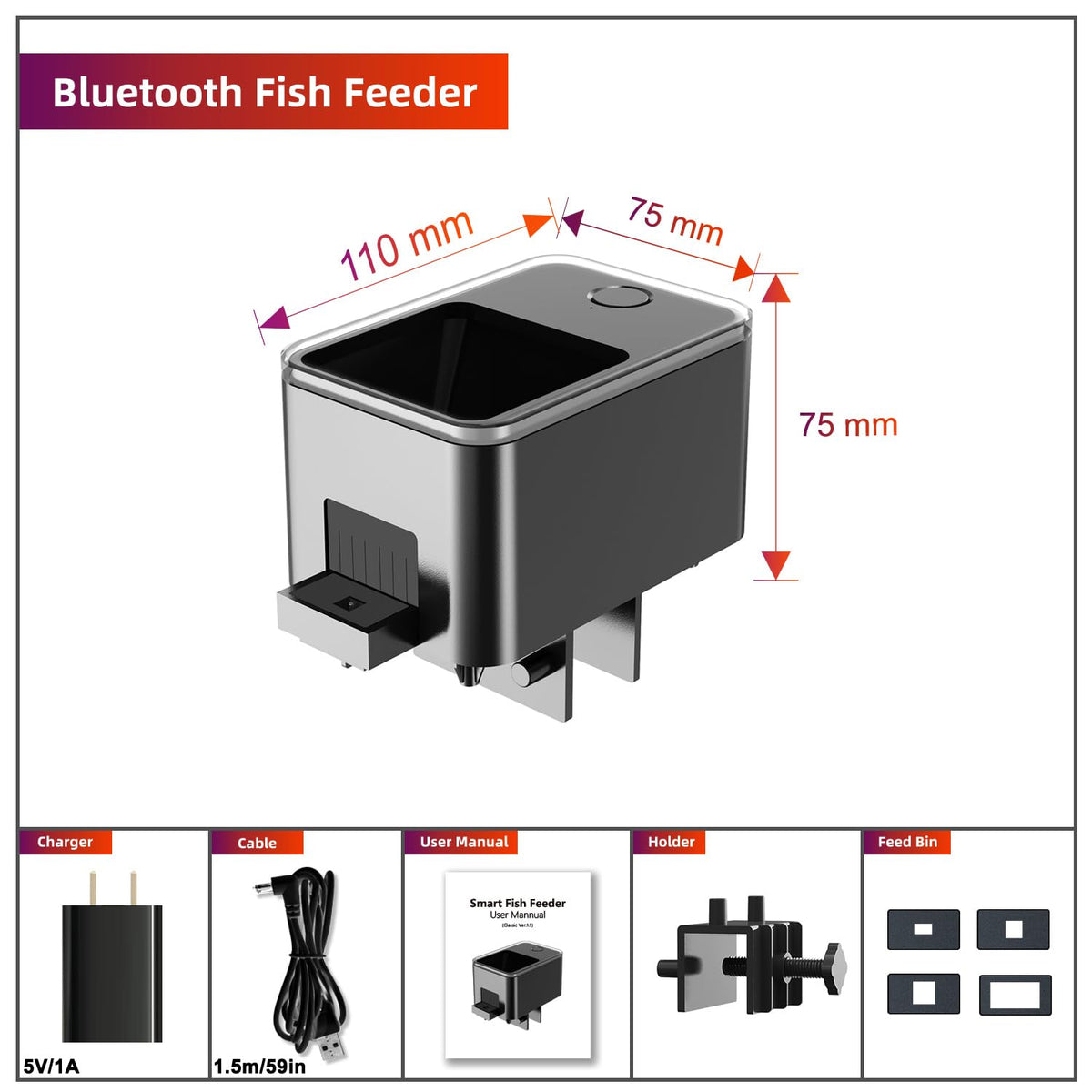 GEZIEKID Bluetooth Fish Feeder Automatic Dispenser for Aquarium, Food Dispenser for Fish Tank with App Control, USB Powered, Suitable for Small Fish Tank Pelleted Food, Black