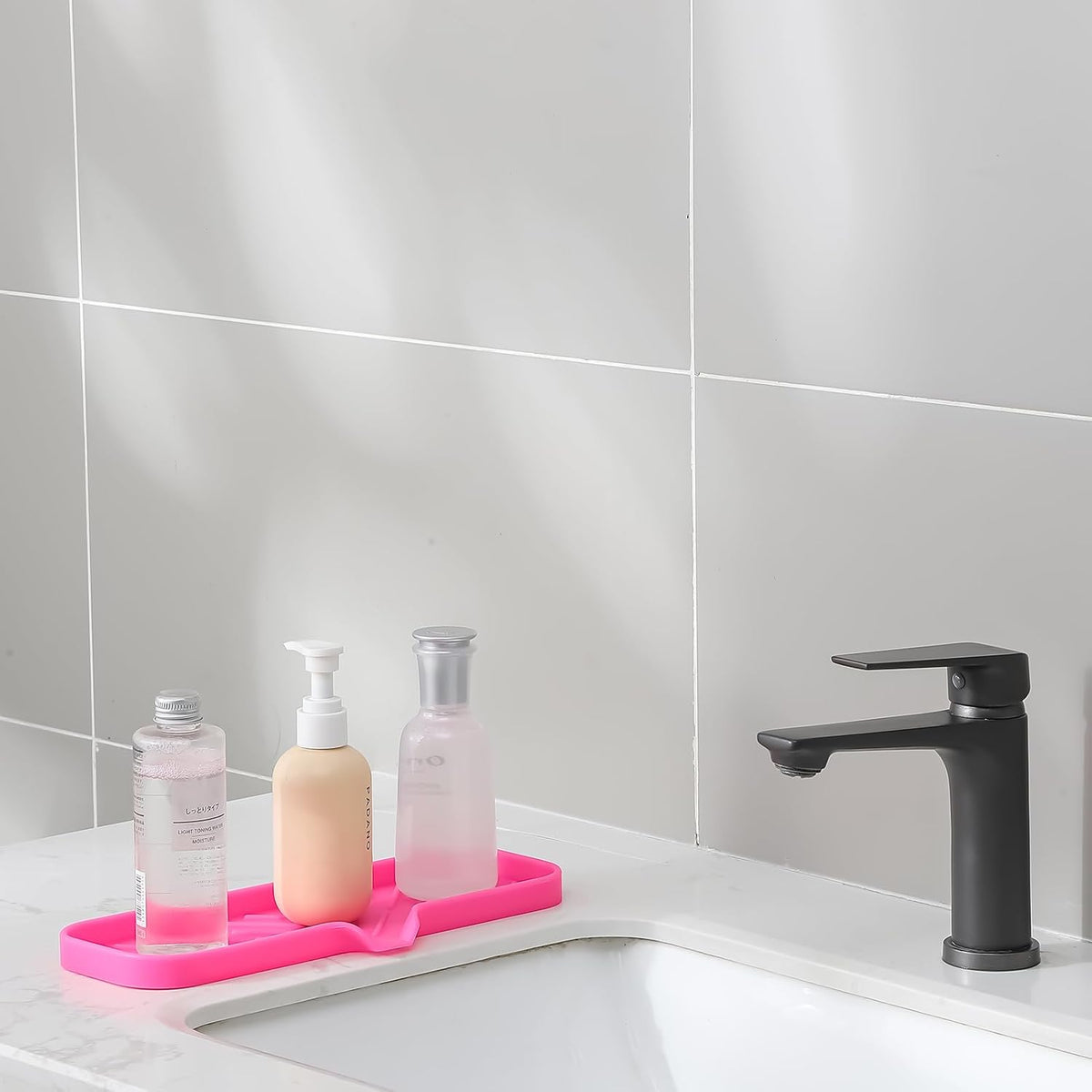 Silicone Bathroom Soap Dishes with Drain Spout-Bathroom and Kitchen Sink Organizer,Sponge Holder,Dish Soap Tray,Perfect for Dispenser,Scrubber,Bottle,Cup on Sink or Counter-Rose 12"×4"