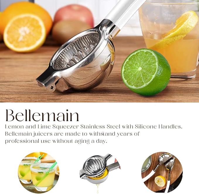 Bellemain Citrus Juicer | Metal Lemon Squeezer | Lime and Lemon Juicer Stainless Steel with Silicone Handles | Manual Juicer, Citrus Squeezer, Hand Held Juicer | Bar Juicer for Bartender (White)