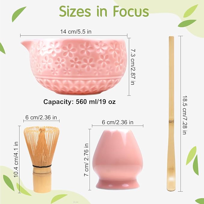 Matcha Whisk Set Matcha Kit: Ceramic Matcha Bowl, Matcha Whisk Holder, Bamboo Whisk(Chasen), Bamboo Scoop, 4Pcs Matcha Tea Set for Matcha Lover, Family Christmas Birthday Gift (Pink)