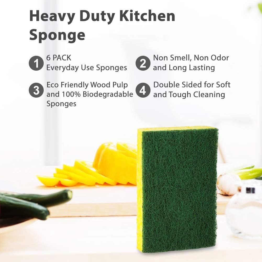 SCRUBIT Heavy Duty Scrub Sponges - Dishwashing Sponge Along with A Tough Scouring Pad - Ideal for Cleaning Kitchen, Dishes, Bathroom - Yellow - 24 Dish sponges