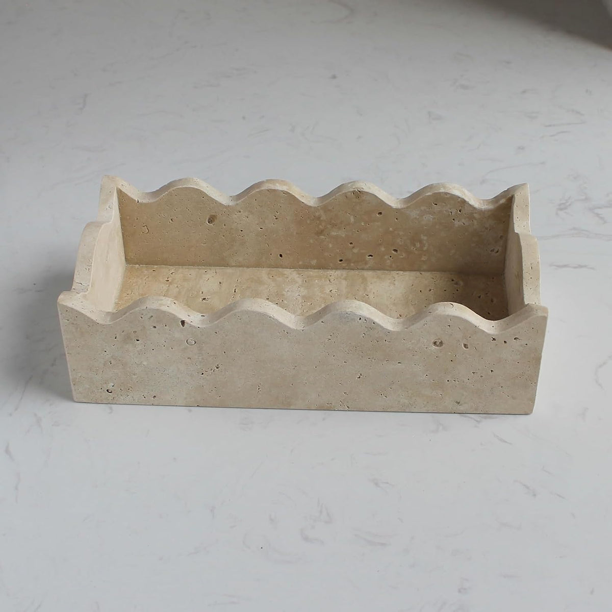 Natural Travertine Guest Towel Holder 9.8" × 4.9" for Bathroom, Rectangular Napkin Holder with Scalloped Edge, Tissue Hand Towel Tray for Dinner Table, Countertop Bathroom Vanity