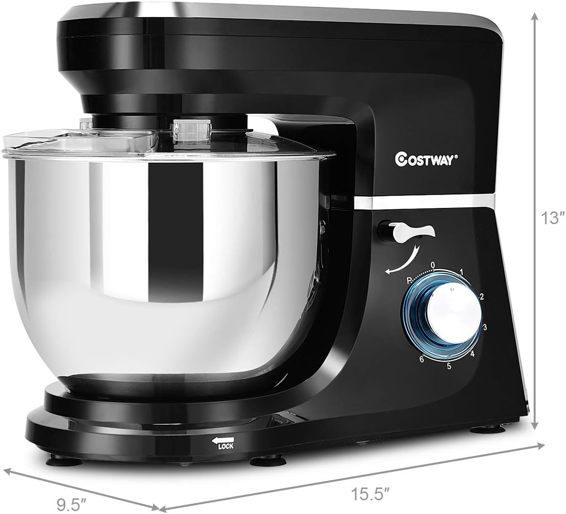 COSTWAY Stand Mixer, 7.5-Quart 660W 6-Speed Electric Mixer with Stainless Steel Bowl, Tilt-head Food Mixer with Dough Hook, Beater, Whisk (Black)