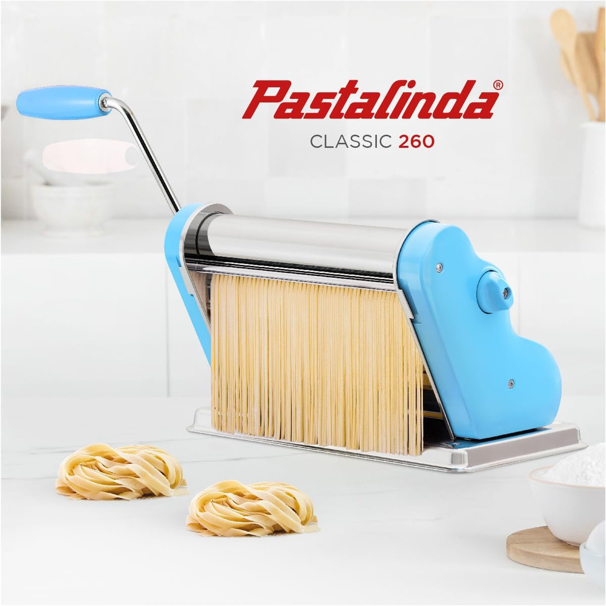 PASTALINDA Classic 260 Pasta Maker Machine, 26 cm Wide Rollers, 9 Thickness Positions, 2 Cutting Positions, Stainless Steel. Includes Reinforced Hand Crank And Two Clamps (Light Blue)